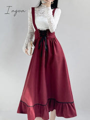 Ingvn - Spring Summer Women Long Midi Suspender Skirt Teen Girls Preppy Style Cute Lace - Up High