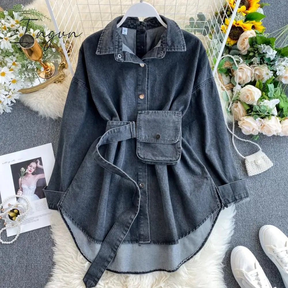 Ingvn - Spring Summer Women’s Solid Denim Dress Female Pocket With Belt Slim Ladies Single