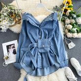Ingvn - Spring Summer Women’s Solid Denim Dress Female Pocket With Belt Slim Ladies Single