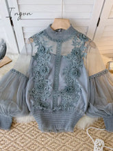 Ingvn - Spring Women Mesh Tops Fashion Sexy Sheer Lace Blouse Lantern Sleeve 3D Floral Blouses