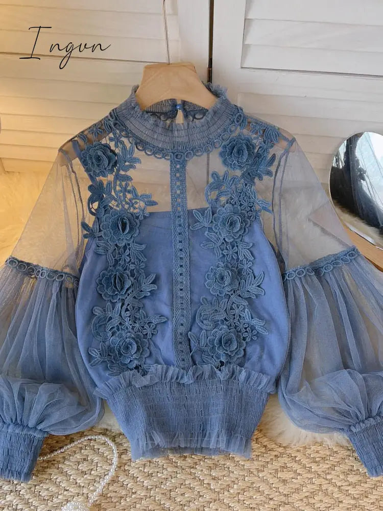 Ingvn - Spring Women Mesh Tops Fashion Sexy Sheer Lace Blouse Lantern Sleeve 3D Floral Blouses