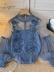 Ingvn - Spring Women Mesh Tops Fashion Sexy Sheer Lace Blouse Lantern Sleeve 3D Floral Blouses