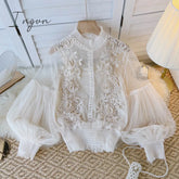 Ingvn - Spring Women Mesh Tops Fashion Sexy Sheer Lace Blouse Lantern Sleeve 3D Floral Blouses