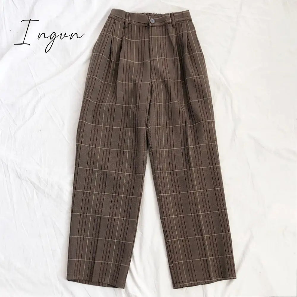 Ingvn - Spring Women Pants Plaid High Waist Dropping Feeling Wide Leg Long Suit
