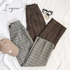 Ingvn - Spring Women Pants Plaid High Waist Dropping Feeling Wide Leg Long Suit