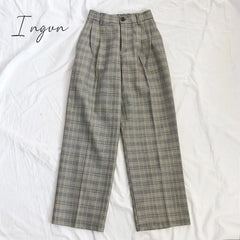 Ingvn - Spring Women Pants Plaid High Waist Dropping Feeling Wide Leg Long Suit Gray / One Size