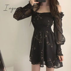 Ingvn - Spring Womens Sexy Black Dress Vintage Flower Long Puff Sleeve Chiffon Dresses Korean