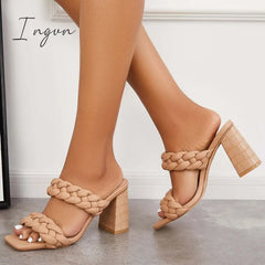Ingvn - Square Toe Block High Heels Backless Slip On Mule Sandals Khaki / 5 Slippers