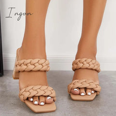 Ingvn - Square Toe Block High Heels Backless Slip On Mule Sandals Slippers