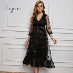 Ingvn - Strawberry Dress Women Fashion Deep V Puff Sleeve Sweet Voile Mesh Sequins Embroidery