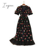 Ingvn - Strawberry Dress Women Fashion Deep V Puff Sleeve Sweet Voile Mesh Sequins Embroidery