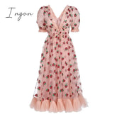 Ingvn - Strawberry Dress Women Fashion Deep V Puff Sleeve Sweet Voile Mesh Sequins Embroidery