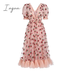 Ingvn - Strawberry Dress Women Fashion Deep V Puff Sleeve Sweet Voile Mesh Sequins Embroidery