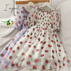 Ingvn - Strawberry Dress Women French Style Lace Chiffon Sweet Casual Puff Sleeve Elegant Printed