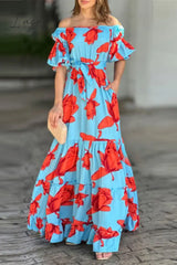 Ingvn - Street Elegant Floral Fold Off The Shoulder Printed Dress Dresses Blue / S Dresses/Floral