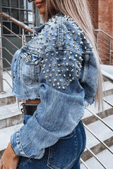 Ingvn - Street Punk Solid Rivets Turndown Collar Long Sleeve Loose Denim Jacket Denim/Denim