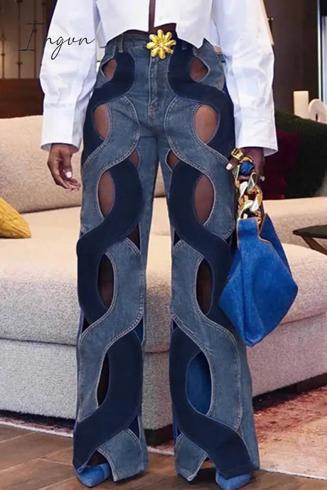 Ingvn - Street Solid Hollowed Out High Waist Straight Denim Jeans Denim/Jeans
