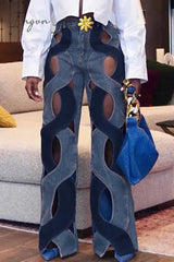 Ingvn - Street Solid Hollowed Out High Waist Straight Denim Jeans Denim/Jeans