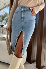 Ingvn - Street Solid Make Old Slit Asymmetrical Regular Denim Skirts The Cowboy Blue / S Denim/Denim