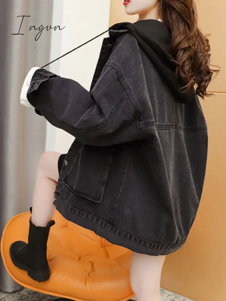 Ingvn - Streetwear Black Denim Jackets Women Korean Fashion Patchwork Hooded Spring Jacket Casual