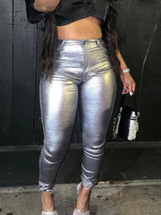 Ingvn - Streetwear Metallic Y2K Pants For Women High Waist Skinny Red Green Silver Club Sexy