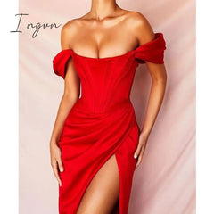 Ingvn - Stretch Satin Elegant Dress Women High Split Deep V Neck Sexy Party Summer Dresses With