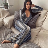 Ingvn - Stripe Tie Dye Print Sexy Maxi Dress Spring Casual Long Women Nightclub Sleeve Bodycon