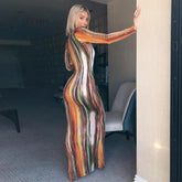 Ingvn - Stripe Tie Dye Print Sexy Maxi Dress Spring Casual Long Women Nightclub Sleeve Bodycon