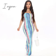 Ingvn - Stripe Tie Dye Print Sexy Maxi Dress Spring Casual Long Women Nightclub Sleeve Bodycon