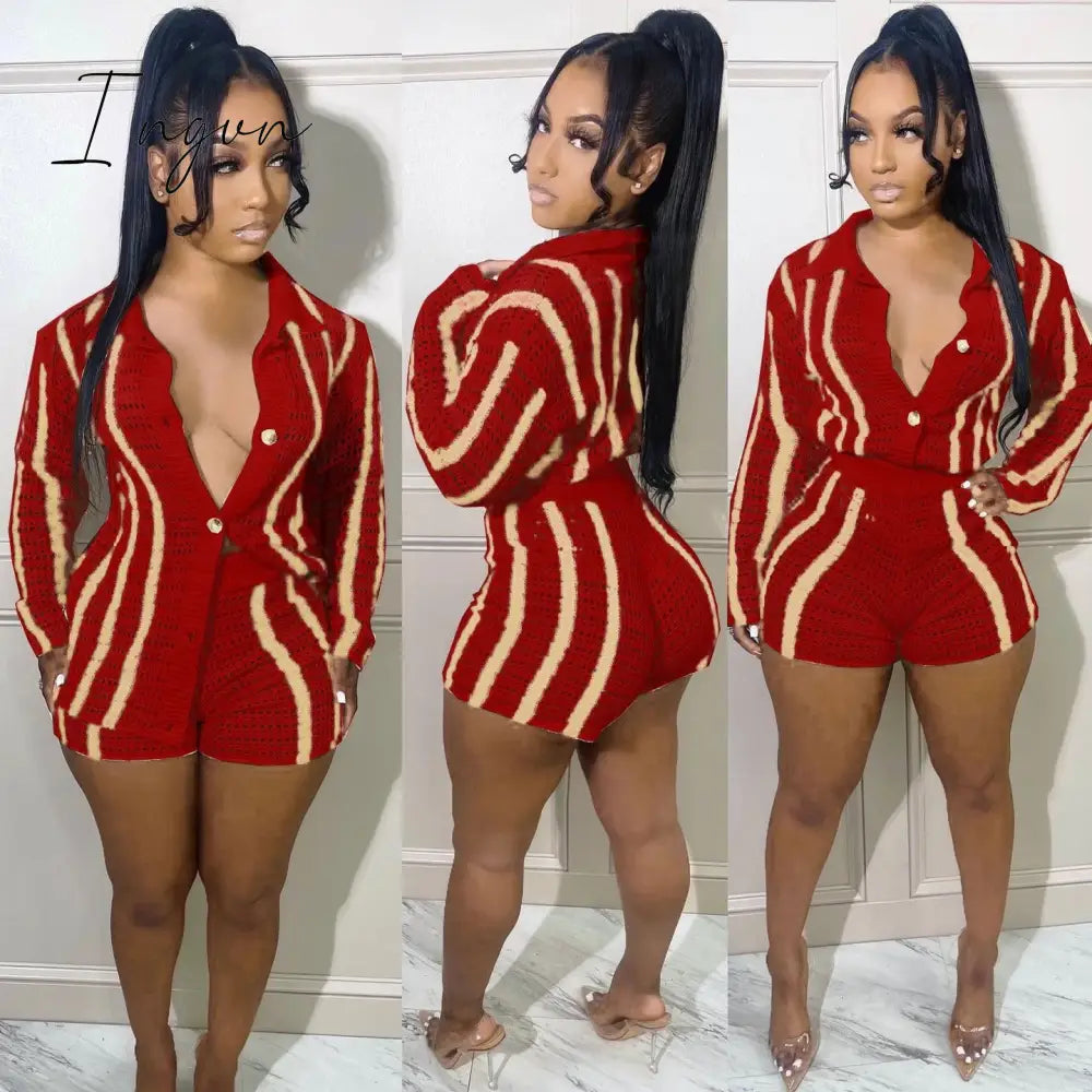 Ingvn - Striped Knitted Sweater Cardigan And Shorts Two Piece Set Women Clothing Fall 2023 Fashion