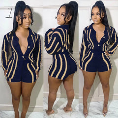 Ingvn - Striped Knitted Sweater Cardigan And Shorts Two Piece Set Women Clothing Fall 2023 Fashion