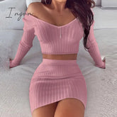 Ingvn - Striped V Neck Slim Knit Soft Summer Dress Women Spring Off The Shoulder Long Sleeve Mini