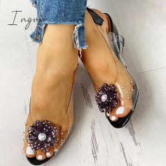 Ingvn - Studded Flower Design Transparent Wedge Sandals Black / 5