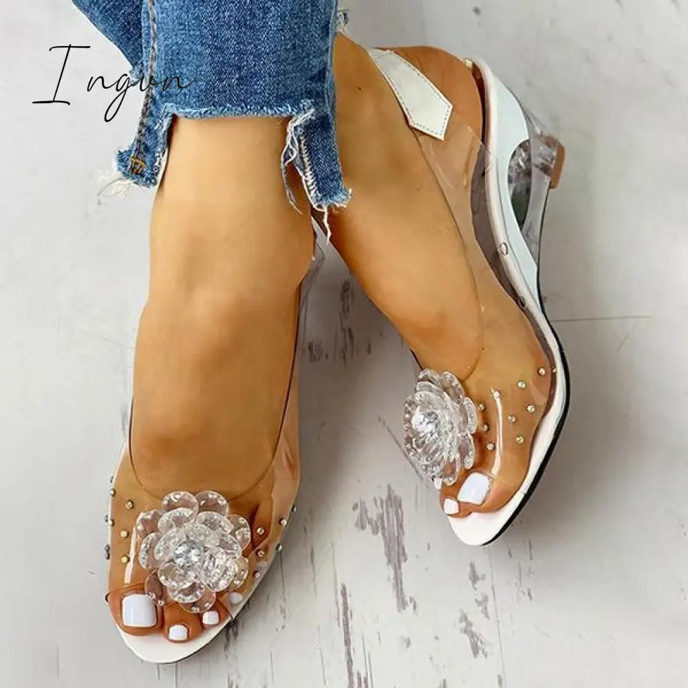 Ingvn - Studded Flower Design Transparent Wedge Sandals White / 5