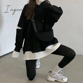Ingvn - Stylish Fake Two Pieces Loose Long Sleeves Hoodies Blouses Black / M Tops