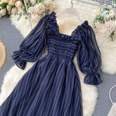 Ingvn - Summer Beach Chiffon Long Dress Elegant Solid Lantern Sleeve High Waist Women Maxi Party