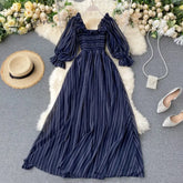 Ingvn - Summer Beach Chiffon Long Dress Elegant Solid Lantern Sleeve High Waist Women Maxi Party