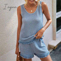 Ingvn - Summer Beach Two Piece Set Women Tassel Tracksuit Loungewear Casual Sleeveless Tops + Slim