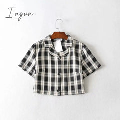 Ingvn - Summer Blouse Women Vintage Crop Shirt Streetwear Plaid Ladies Tops Elegant Button Up