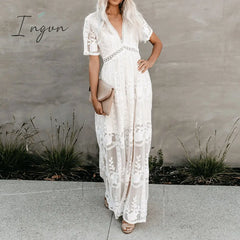 Ingvn - Summer Boho Women Maxi Dress Loose Embroidery White Lace Long Tunic Beach Vacation Holiday