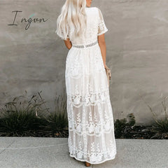 Ingvn - Summer Boho Women Maxi Dress Loose Embroidery White Lace Long Tunic Beach Vacation Holiday