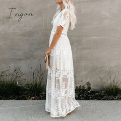 Ingvn - Summer Boho Women Maxi Dress Loose Embroidery White Lace Long Tunic Beach Vacation Holiday