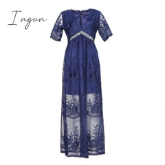 Ingvn - Summer Boho Women Maxi Dress Loose Embroidery White Lace Long Tunic Beach Vacation Holiday