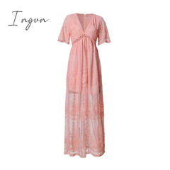 Ingvn - Summer Boho Women Maxi Dress Loose Embroidery White Lace Long Tunic Beach Vacation Holiday