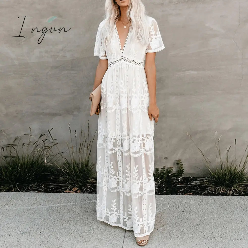 Ingvn - Summer Boho Women Maxi Dress Loose Embroidery White Lace Long Tunic Beach Vacation Holiday