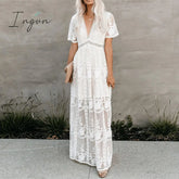 Ingvn - Summer Boho Women Maxi Dress Loose Embroidery White Lace Long Tunic Beach Vacation Holiday