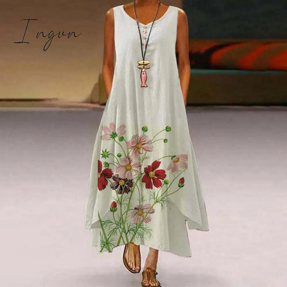 Ingvn - Summer Dress Plus Size Floral Print Irregular Hem Women Buttons Round Neck Women’s