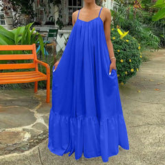 Ingvn - Summer Dress Women Sexy Short Sleeve Ruffled Maxi Long Casual Loose Solid Pleated Beach