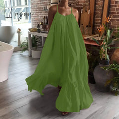 Ingvn - Summer Dress Women Sexy Short Sleeve Ruffled Maxi Long Casual Loose Solid Pleated Beach
