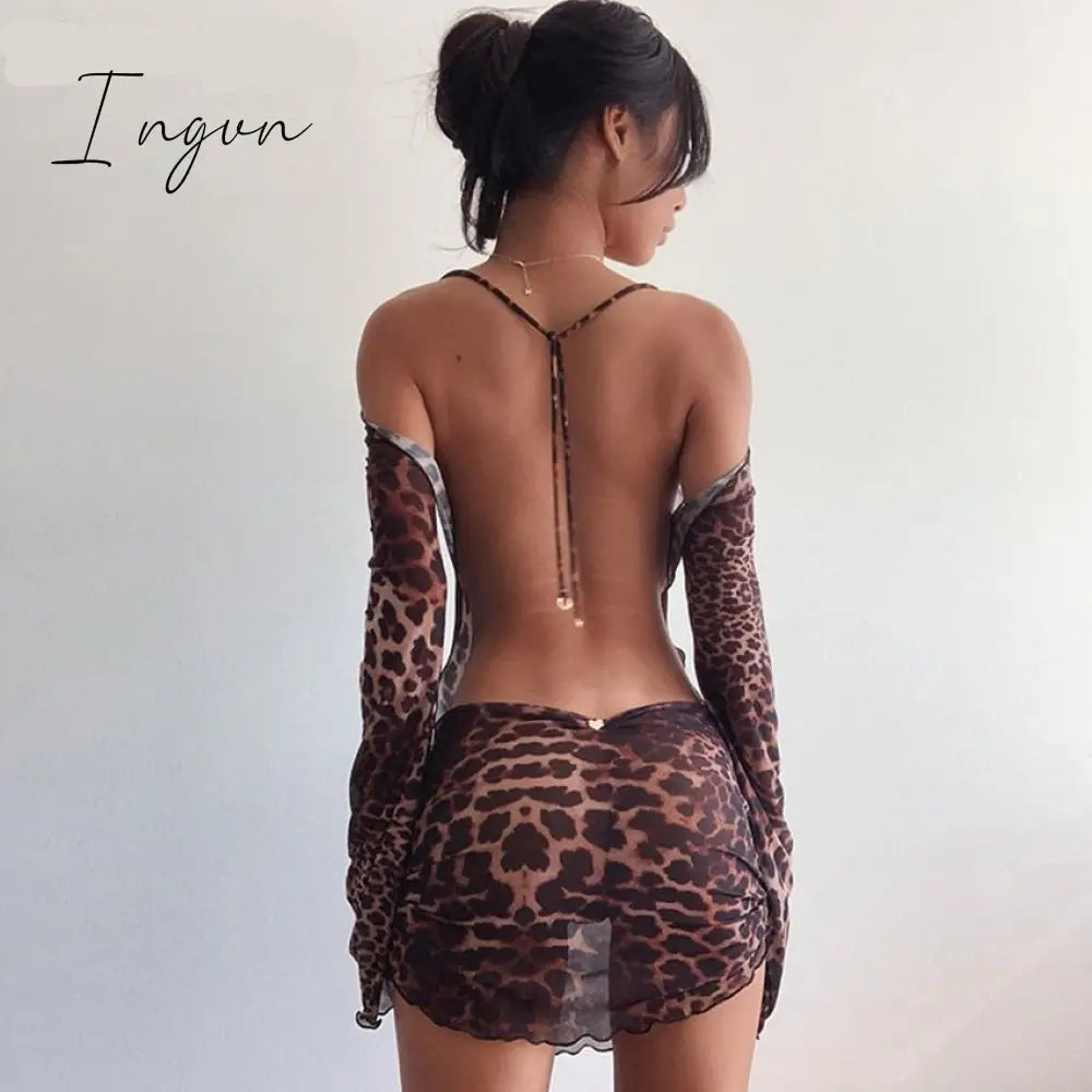 Ingvn - Summer Dresses For Women Leopard Print Backless Dress Long Sleeve Mesh Spring Halter